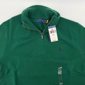 Polo Ralph Lauren Sweater Men's Medium Green Wool Quarter Zip Mock Neck Pony NEW